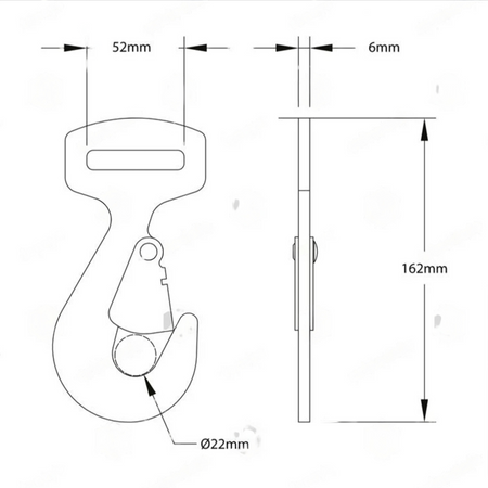 14 Metre Bay Strap with snaphooks and D rings, featuring a diagram of the strap's hook and fitting mechanisms, used for load restraint in commercial trailers.