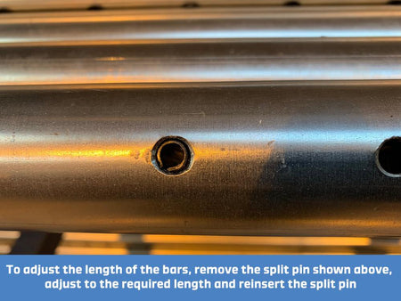 Round Steel Shoring Bar, adjustable 1780-2228mm, close-up showing metal pipe with holes for split pin adjustment, designed for heavy-duty load restraint.
