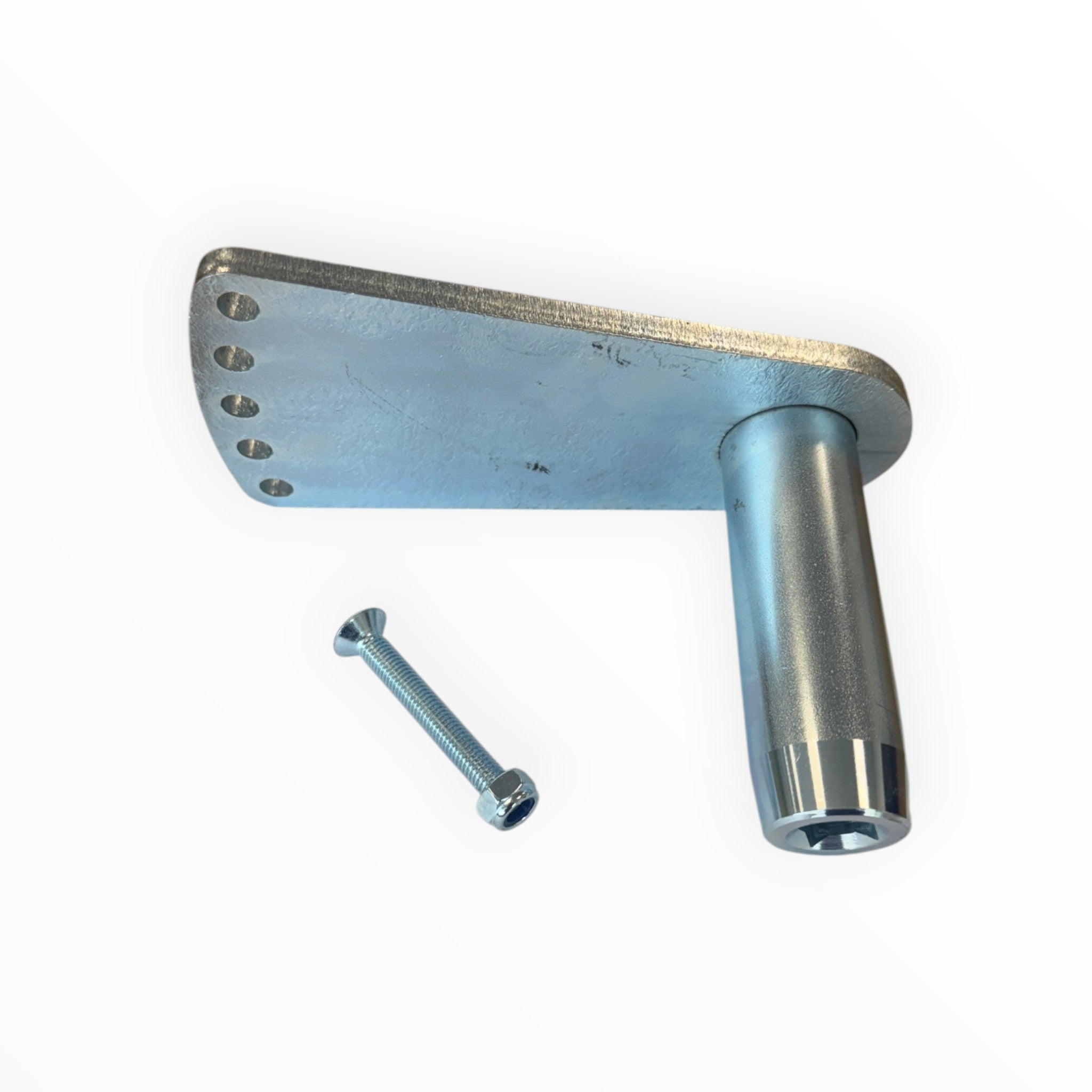 O/S 9/16 Hinge Pin Assy features a flat steel mounting plate with five countersunk holes, a welded post, and a bolt with a hex nut for secure attachment.
