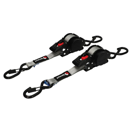 Two retractable 600kg 25mm ratchet straps, 3m each, with carabiner-style hooks, ideal for securing light loads on vehicles. Available in a 2-pack.