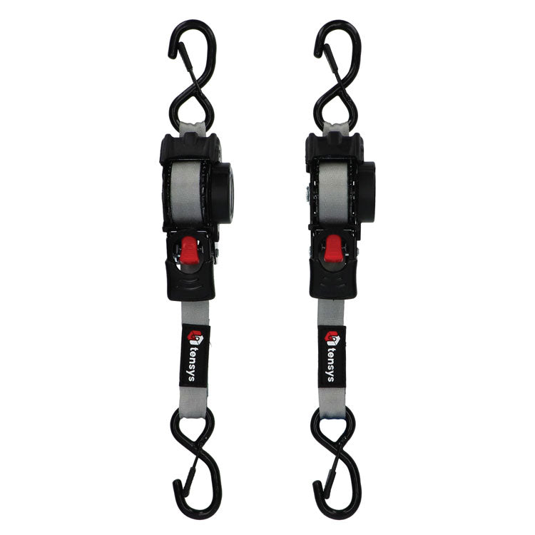 600kg 25mm Auto-Retract Ratchet Straps, 3m max length – 2-Pack: Grey straps with tensioning mechanism, ideal for securing light loads on vehicles, featuring S-hooks for easy attachment.