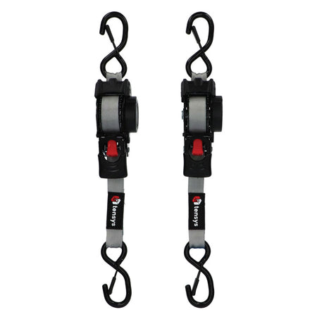 600kg 25mm Auto-Retract Ratchet Straps, 3m max length – 2-Pack: Grey straps with tensioning mechanism, ideal for securing light loads on vehicles, featuring S-hooks for easy attachment.