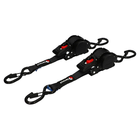 600kg 25mm Auto-Retract Ratchet Straps, 3m max length – 2-Pack; features woven nylon, red release lever, plastic-coated hooks, ideal for securing light cargo.