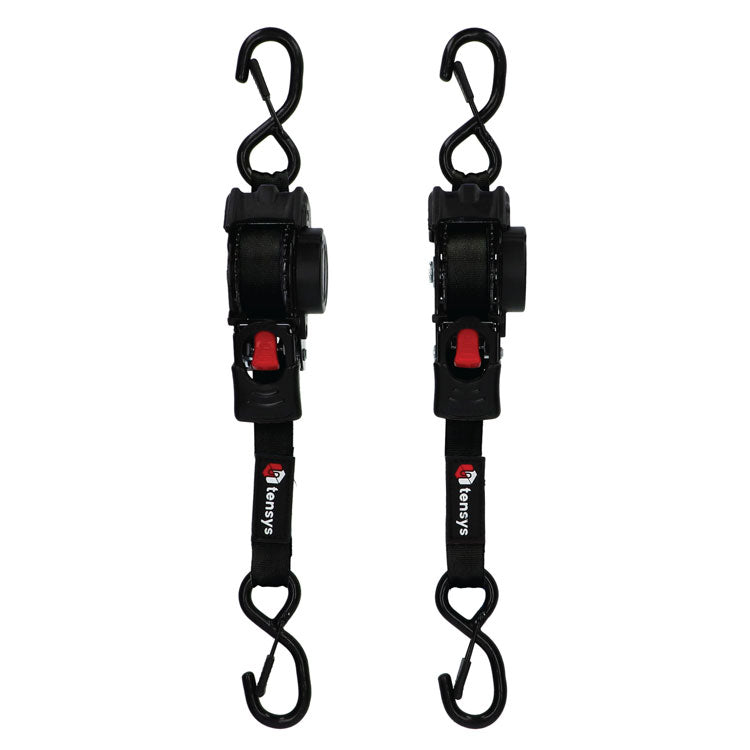 600kg 25mm Auto-Retract Ratchet Straps, 3m max length – 2-Pack, featuring robust ratcheting mechanisms and plastic-coated S-hooks for secure, efficient cargo transport. Ideal for light trade and vehicle-based use.
