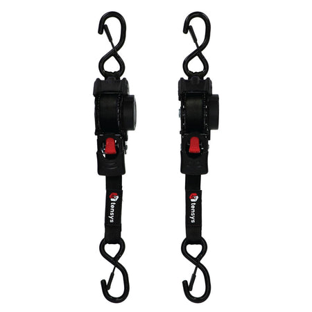 600kg 25mm Auto-Retract Ratchet Straps, 3m max length – 2-Pack, featuring robust ratcheting mechanisms and plastic-coated S-hooks for secure, efficient cargo transport. Ideal for light trade and vehicle-based use.