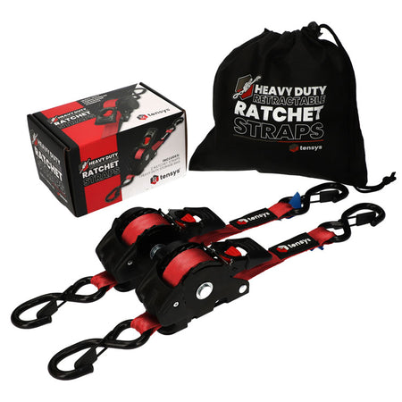 600kg 25mm Auto-Retract Ratchet Straps, 3m max length – 2-Pack, with retractable mechanism, metal hooks, and storage bag; ideal for securing light loads in transit.