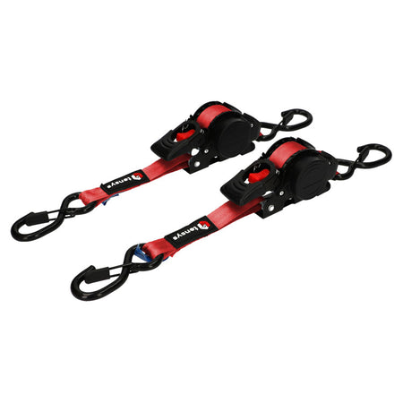 600kg 25mm Auto-Retract Ratchet Straps, 3m max length – 2-Pack featuring red straps with black S-hooks for securing light loads, ideal for vehicle transport.