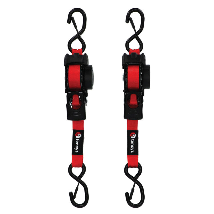 600kg 25mm Auto-Retract Ratchet Straps, 3m max length – 2-Pack, featuring red webbing, black ratchet mechanism, and plastic-coated S-hooks for secure vehicle-based transport.