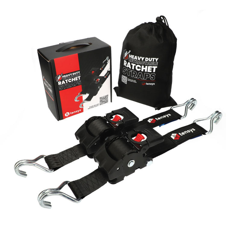 1500kg 50mm Heavy Duty Retractable Ratchet Straps, 3m, 2-Pack: Features retractable ratchet mechanisms with steel S-hooks and carrying pouch for secure commercial haulage.