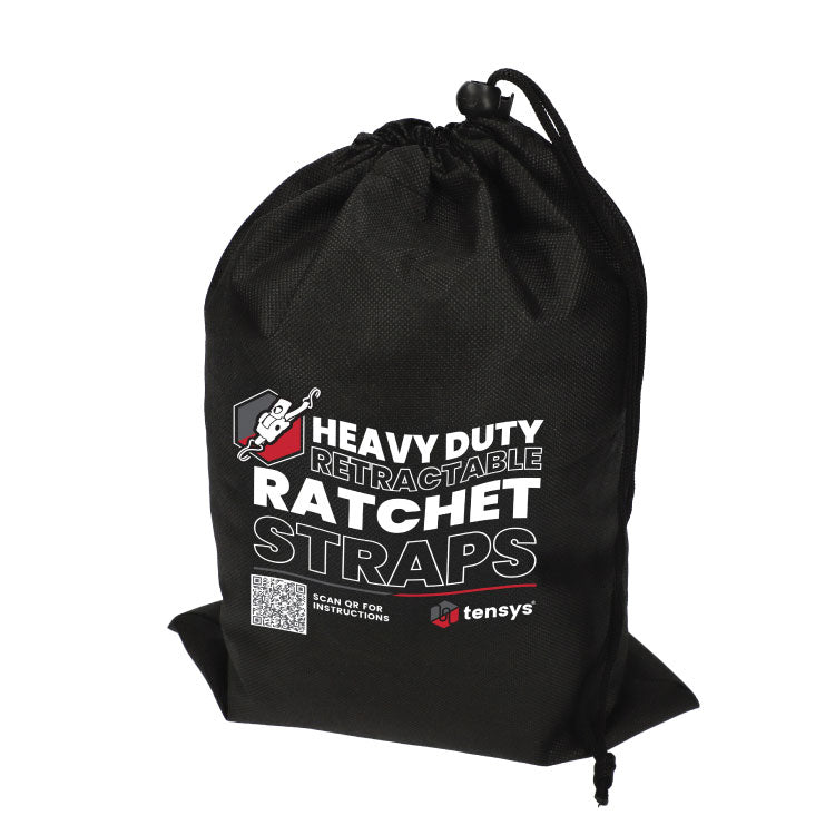 1500kg 50mm Heavy Duty Retractable Ratchet Straps in branded tensys storage bag, ideal for secure transport with a 3m length and 750kg lashing capacity.
