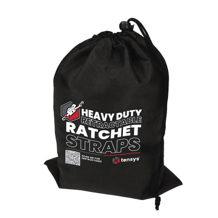 1500kg 50mm Heavy Duty Retractable Ratchet Straps in branded tensys storage bag, ideal for secure transport with a 3m length and 750kg lashing capacity.