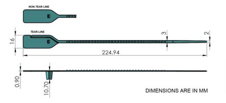 Minilock Security Seals diagram showing a narrow 3mm tail, ideal for sealing kits and bags, with sequential numbering and barcode 128 for secure applications.