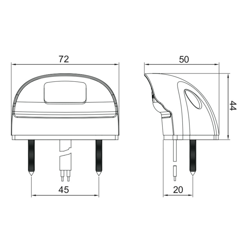 Sketch of a Universal white LED number plate lamp, showcasing its compact design suitable for trailers. Features E-mark, EMC, IP67 ratings, and three-year warranty.