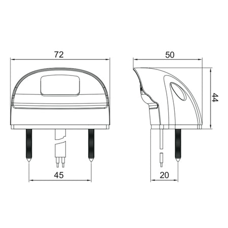 Sketch of a Universal white LED number plate lamp, showcasing its compact design suitable for trailers. Features E-mark, EMC, IP67 ratings, and three-year warranty.