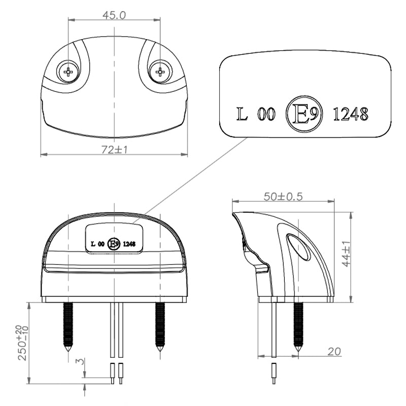 Sketch of a Universal LED Number Plate Light, showcasing its technical design with multiple holes, suitable for commercial trailers. Includes E-marking and 3-year warranty.