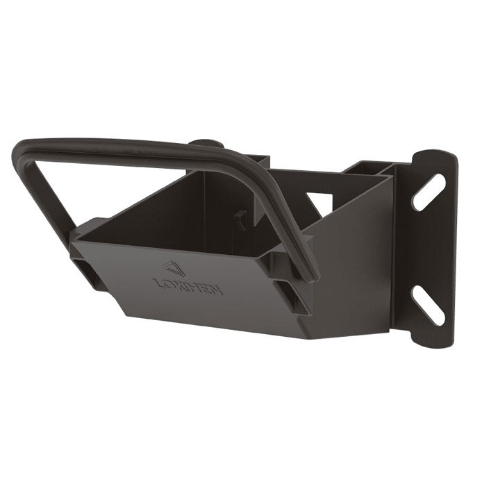 Small Wheel Chock Holder with swing-down locking bar, fits NTP-0665. Features 4 slotted fixing holes for secure wall mounting. Size: L162mm x W181mm x H136mm.