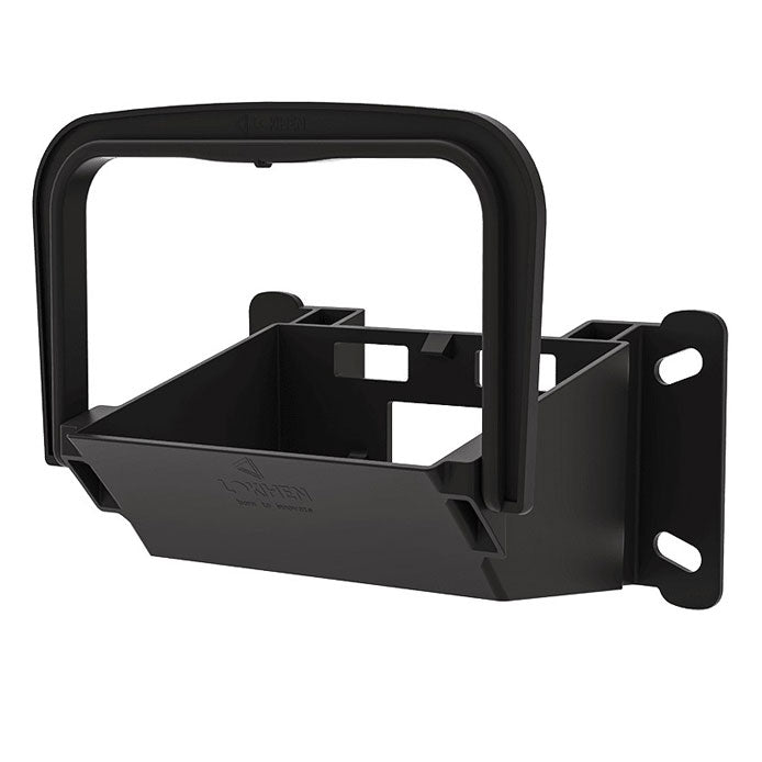Large Wheel Chock Holder with snap-lock fixing; black bracket for securing wheel chock (NTP-0668). Features four slotted holes for easy wall mounting.