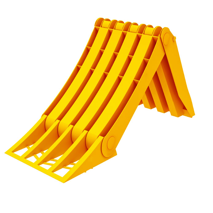 3D-rendered Folding Large Wheel Chock with yellow slats in an A-frame shape, featuring a steel grip strip. Conforms to EC regulation DIN 76051. Ideal for commercial vehicles.