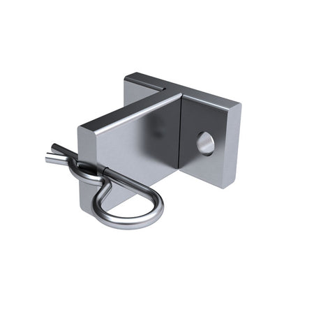 Single Holder for Folding Wheel Chock, featuring a right-angle bracket with R-clip retainer, ideal for securing components; anodised aluminium, L69xW35xH65mm, suited for NTP-0671 chock.