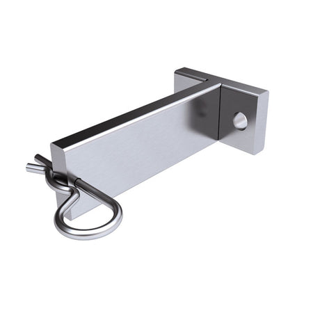 Double Holder for Folding Wheel Chock, steel bracket with sliding bar, R-clip lock, L124xW35xH65mm, suits NTP-0671, anodised aluminium, ø10mm fixing holes.
