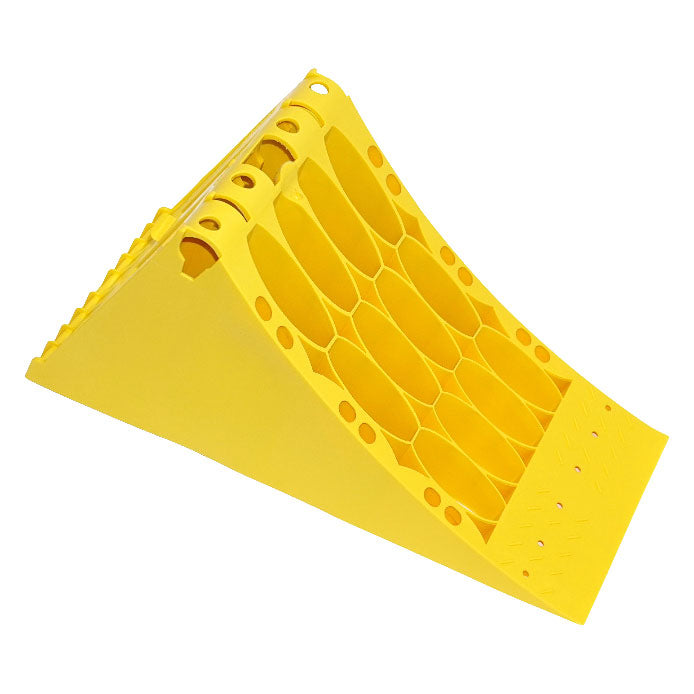 Large Wheel Chock (L467mm x W198mm x H225mm) with honeycomb interior and steel 'Grip' Strip, designed for large commercial vehicles to prevent rolling. Robust, durable, conforms to EC regulation.