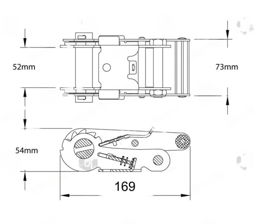 Diagram of the 14 Metre Bay Strap, showcasing technical specifications with snaphooks and D rings every 500mm for internal load restraint in trailers.