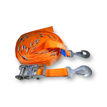 14 Metre Bay Strap with D Rings and snaphooks; features orange webbing, narrow-handled ratchet, and metal tools, ideal for internal load restraint in trailers.