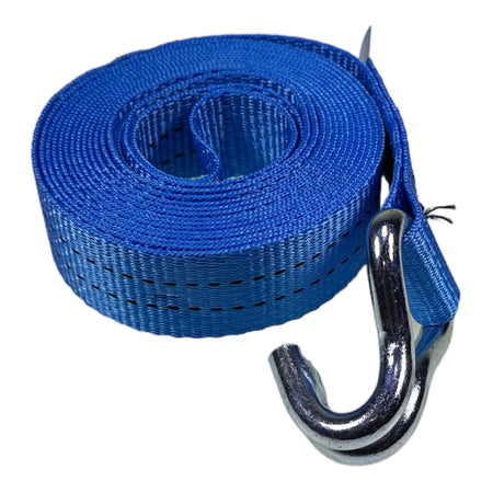 2000kg 35mm Webbing Strap with Claw Hook End, featuring a blue polyester strap and metal clasp. Ideal for securing large commercial trailers, 4 metres long.