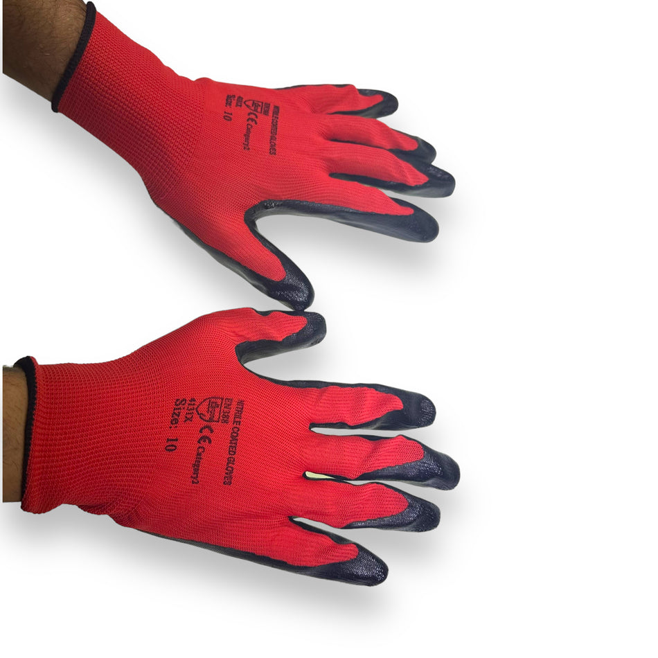 Flexo Grip Nitrile Red and Black Gloves (Size XL) with enhanced dexterity and abrasion resistance for safe handling of rough materials, shown in a close-up.