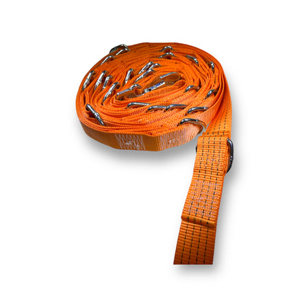 14 Metre Bay Strap - Ratchet Strap with snaphooks and 'D' rings visible, suited for trailer load restraint, features narrow handle ratchet for confined spaces.