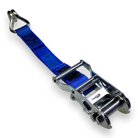 2000kg 35mm ratchet strap with claw hook end, featuring a powerful ratchet tensioner, visible blue low elongation polyester webbing, and 300mm tail strap length.