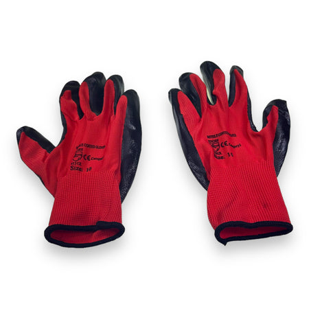 Flexo Grip Nitrile Red and Black Gloves (Size XL) featuring strong, flexible pylon and nitrile coating for enhanced grip and abrasion resistance. Ideal for handling coarse materials.