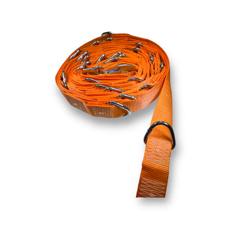 14 Metre Bay Strap featuring ratchet, snaphooks, and D rings every 500mm, designed for load restraint in trailers, visible rolled form with metal hooks.