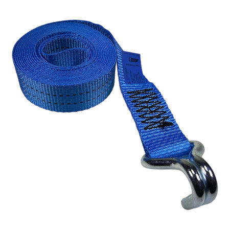2000kg 35mm Webbing Strap with Claw Hook End, featuring blue polyester webbing and a metal claw hook, 4 metres long, suitable for load restraint.