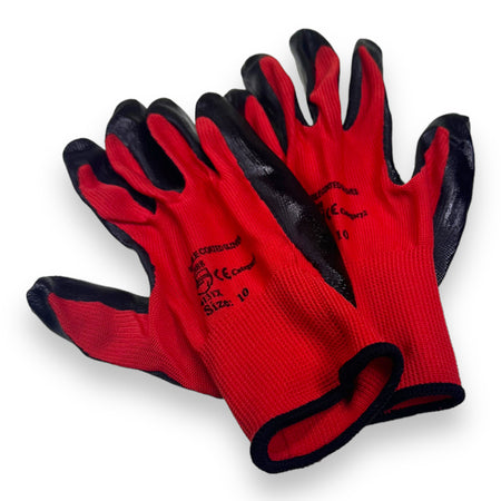Flexo Grip Nitrile Red and Black Gloves (Size XL) with nitrile palm coating for enhanced dexterity and abrasion resistance, ideal for handling rough materials.