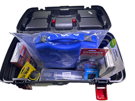 Tail Lift Engineer LOLER Test Kit in a black case with tools like a tape measure and blue bag, designed for various tail lift models.