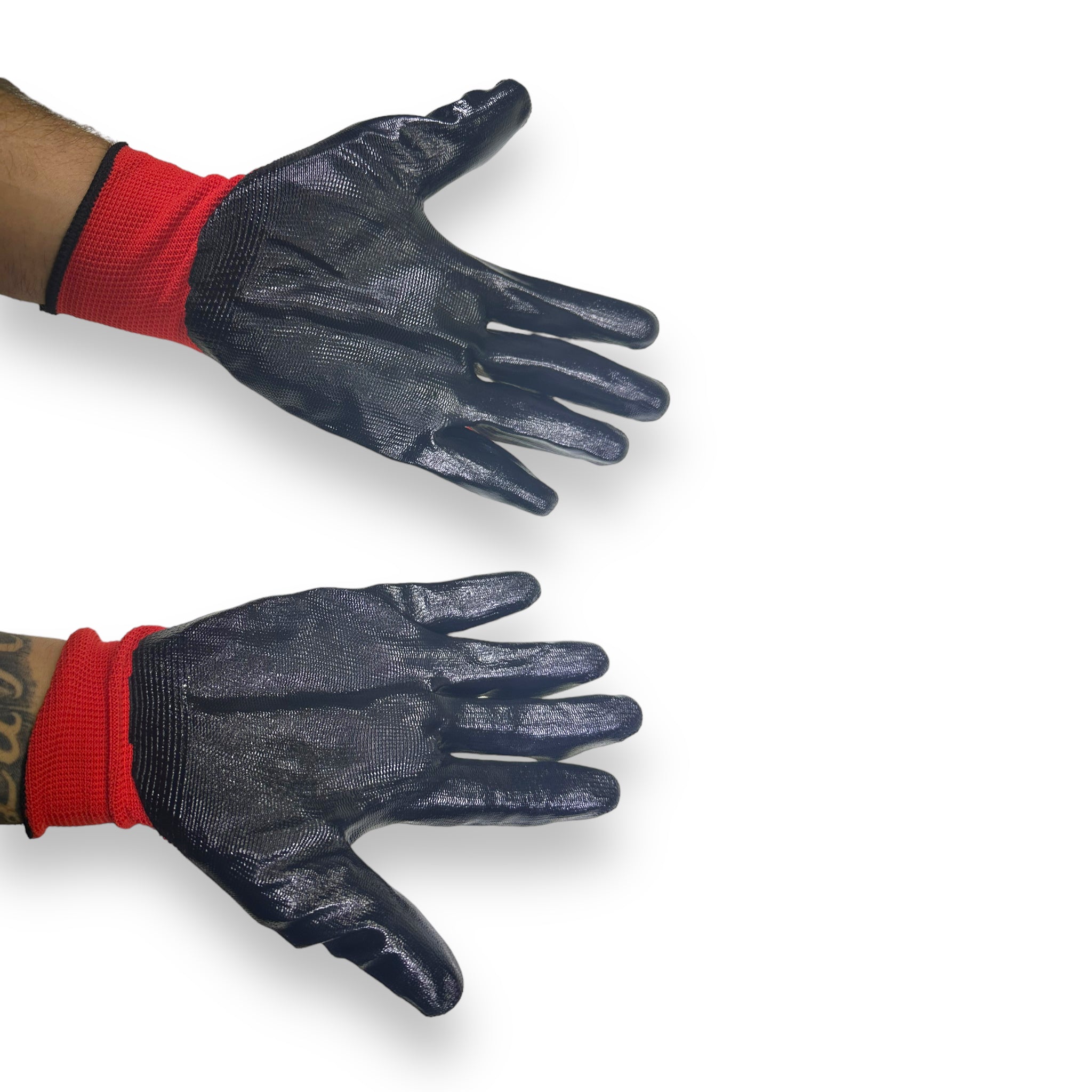 Flexo Grip Nitrile Red and Black Gloves (Size XL) featuring robust, flexible design and nitrile palm coating for enhanced grip and abrasion resistance, ideal for handling coarse materials.