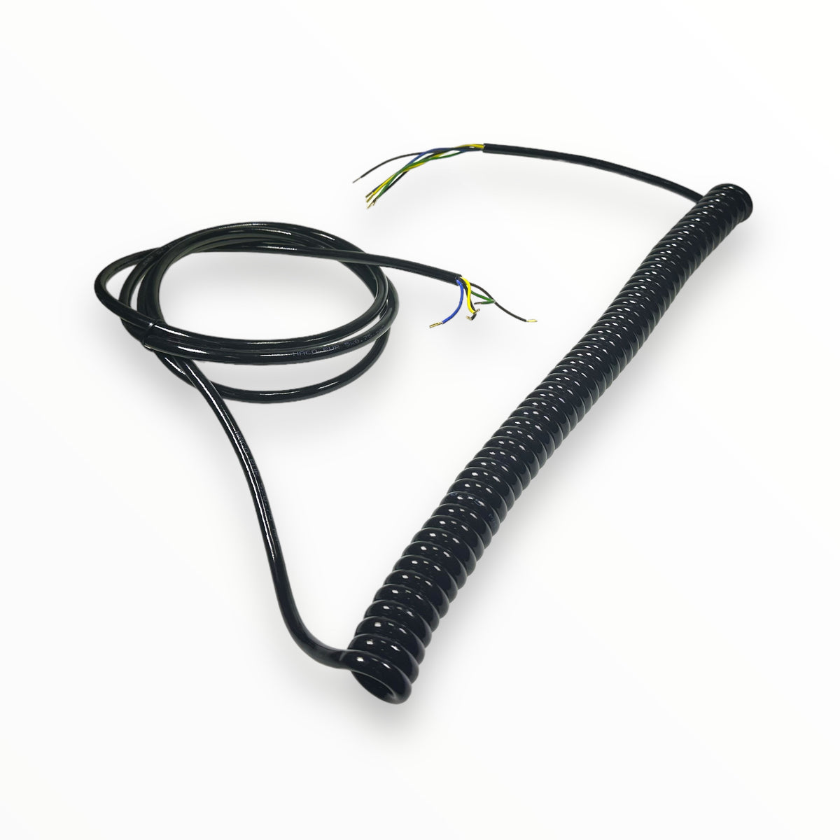 5 Core (3 Meter Wander) Lead, black coiled cable with visible wires, designed for commercial trailer use, emphasizing durability and functionality.