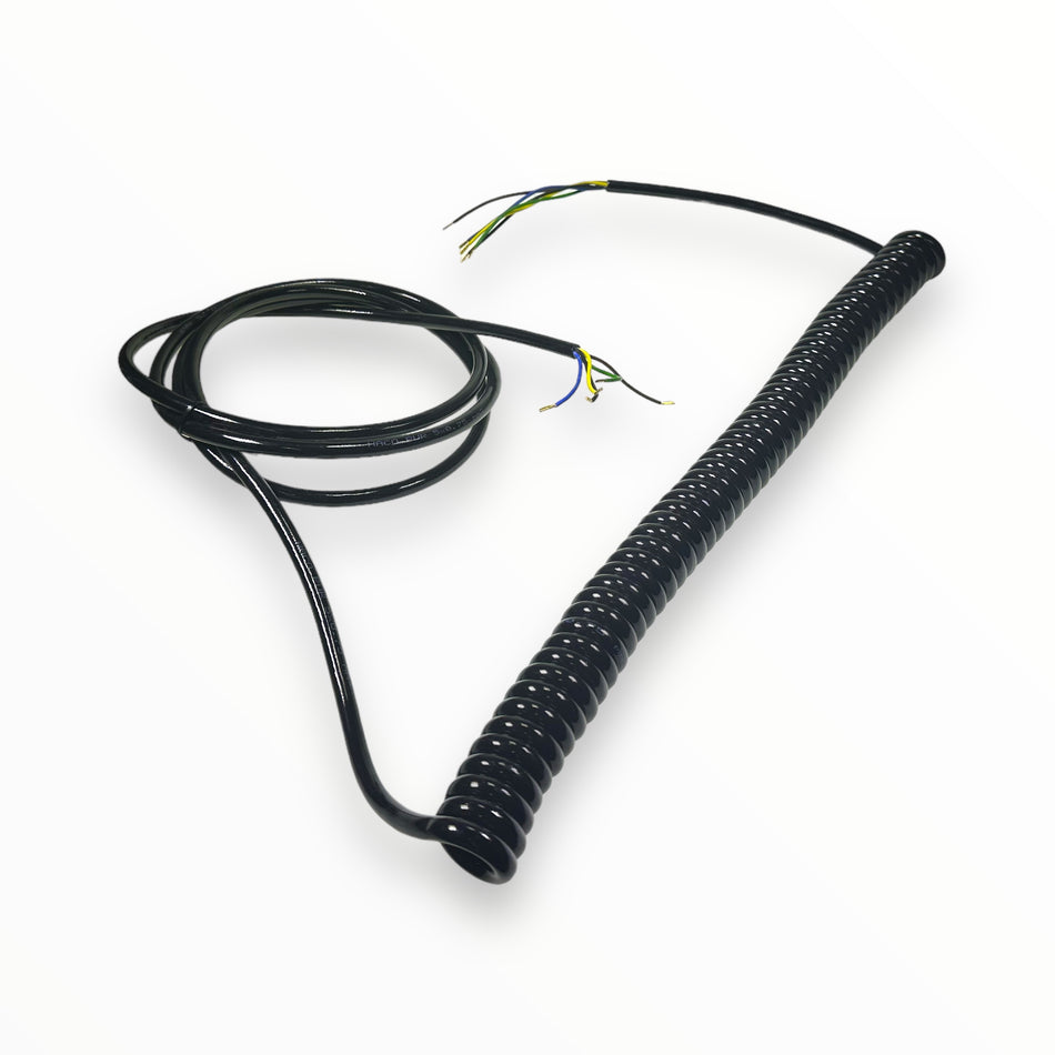 5 Core (3 Meter Wander) Lead, black coiled cable with visible wires, designed for commercial trailer use, emphasizing durability and functionality.