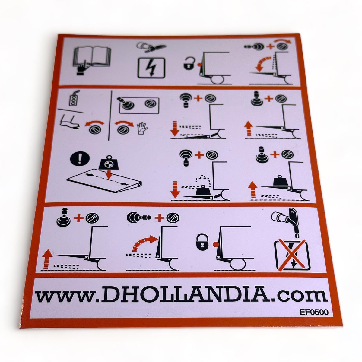 Dhollandia Safety Sticker (Left) with instructional diagrams and symbols, designed for tail lifts, enhancing operational safety for commercial trailers.