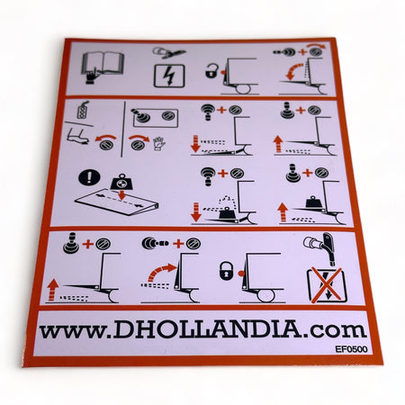 Dhollandia Safety Sticker (Left) with instructional diagrams and symbols, designed for tail lifts, enhancing operational safety for commercial trailers.