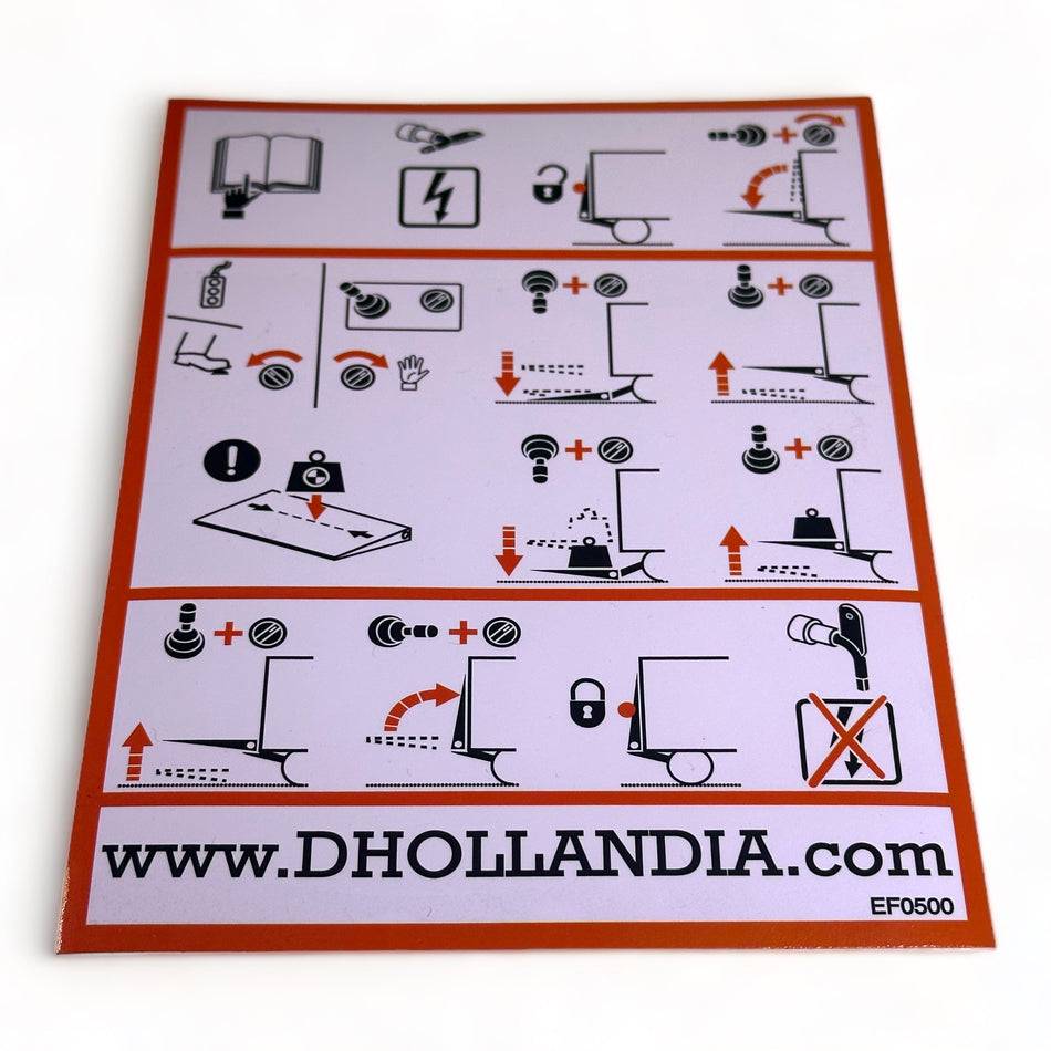 Dhollandia Safety Sticker (Left) with instructional diagrams and symbols, designed for tail lifts, enhancing operational safety for commercial trailers.