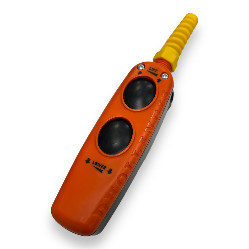 Two Button Wanderlead Box for Dhollandia Tail Lifts, featuring a remote control design with a yellow handle, ideal for large commercial vehicle applications.