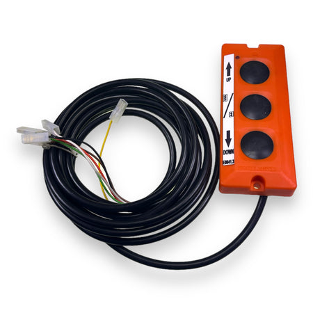 3 Button Control Box (E0841.3) with integrated wiring loom for Dhollandia tail lifts, featuring black cord with control buttons and multiple colored wires.