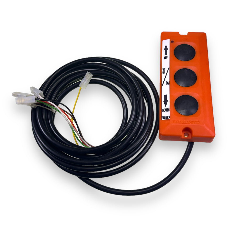 3 Button Control Box (E0841.3) with integrated wiring loom for Dhollandia tail lifts, featuring black cord with control buttons and multiple colored wires.