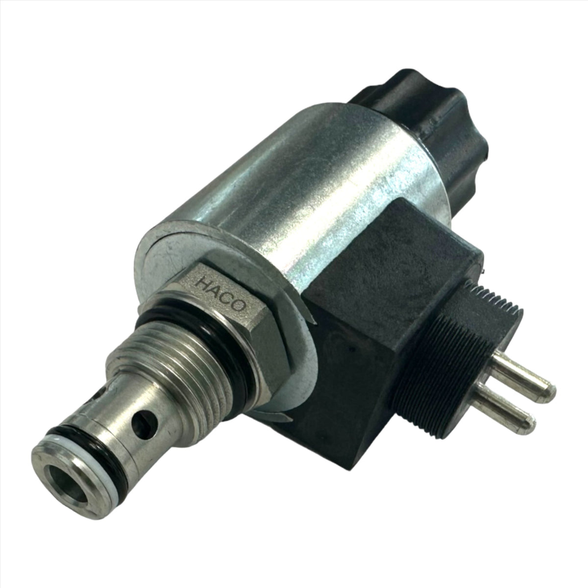 Solenoid Valve Single Acting 24V Haco with black handle and metal plug, compatible with Dhollandia V133.24.H, features a 13 nozzle size and M18 x 1.5 thread fit.