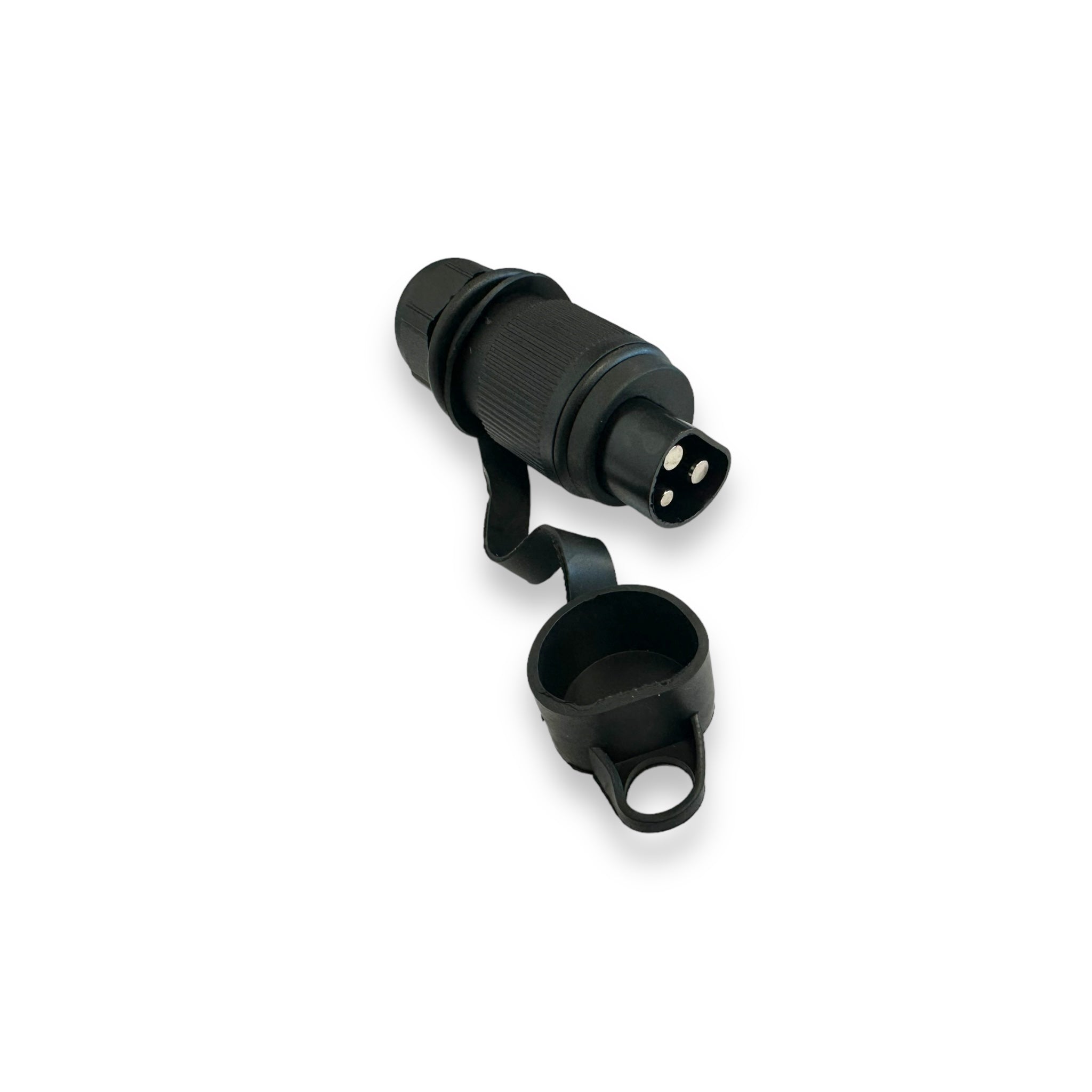 3 PIN ROUND BLACK PLASTIC PLUG 12V, featuring a black handle and strap, designed for secure connectivity in commercial vehicle electrical systems.