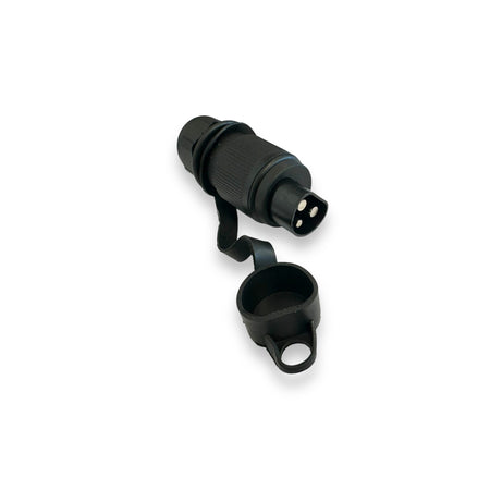 3 PIN ROUND BLACK PLASTIC PLUG 12V, featuring a black handle and strap, designed for secure connectivity in commercial vehicle electrical systems.