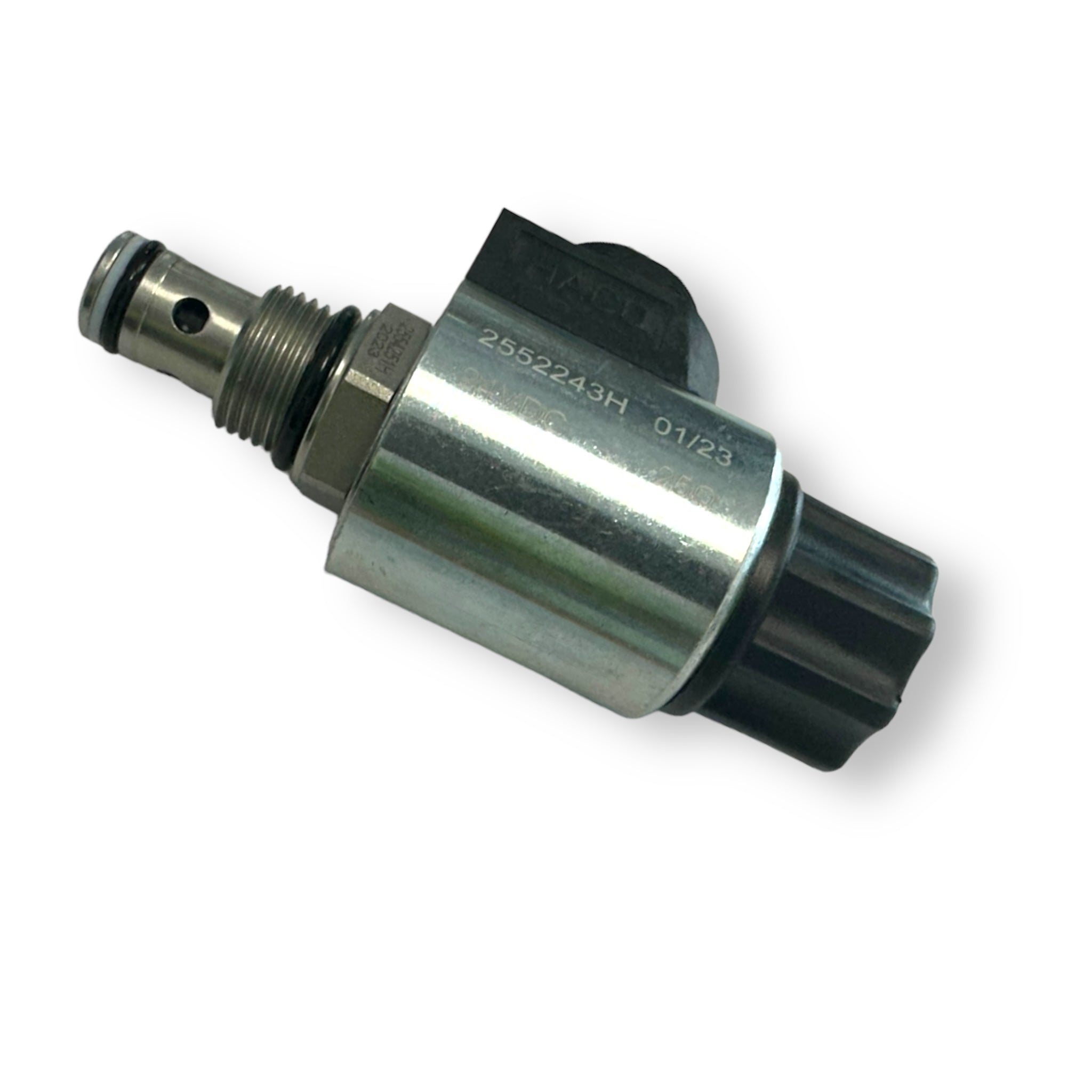 Solenoid Valve Single Acting 24V Haco with metal cylinder, black cap, and visible numbers. Designed for Dhollandia V133.24.H, featuring a 13mm nozzle and M18 x 1.5 thread.