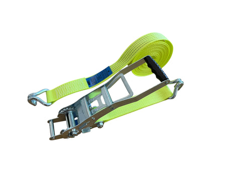 High-Vis 50mm 5000kg ERGO Ratchet Strap with Claw Hooks, 10m. Features a long-handled tensioner for reduced strain, ideal for secure load restraint on commercial vehicles.